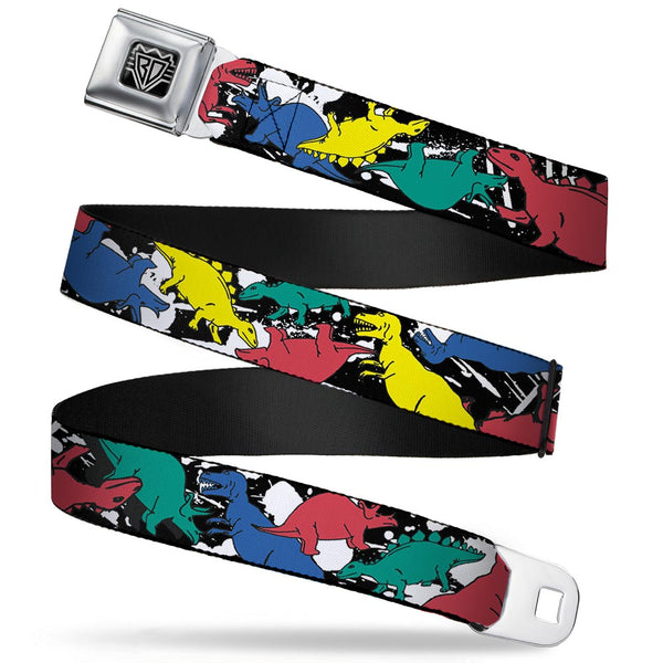 buckle down BD Wings Logo CLOSE-UP Full Color Black Silver Seatbelt Belt - Dinosaurs/Paint Splatter Black/White/Multi Color Webbing