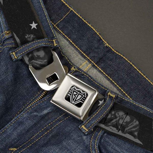 Buckle Down BD Wings Logo CLOSE-UP Full Color Black Silver Seatbelt Belt - Cali Bear Black/Grays Webbing