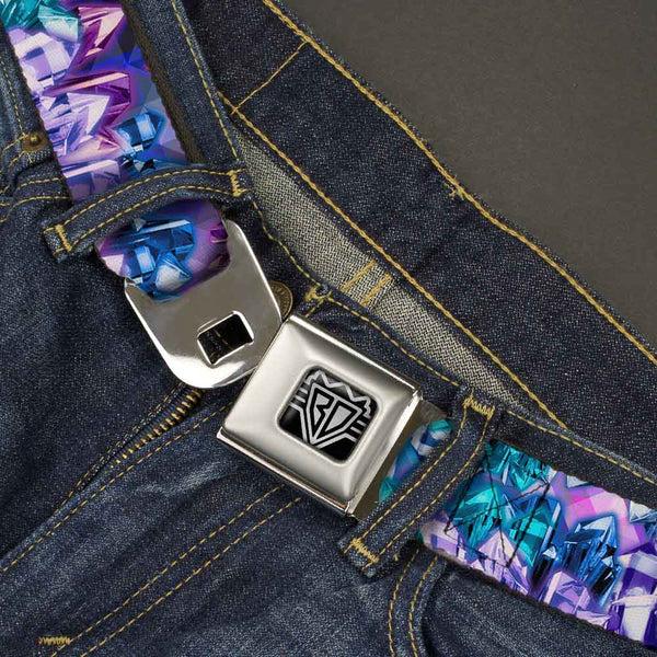 Buckle Down BD Wings Logo CLOSE-UP Full Color Black Silver Seatbelt Belt - Crystals2 Blues/Purples Webbing