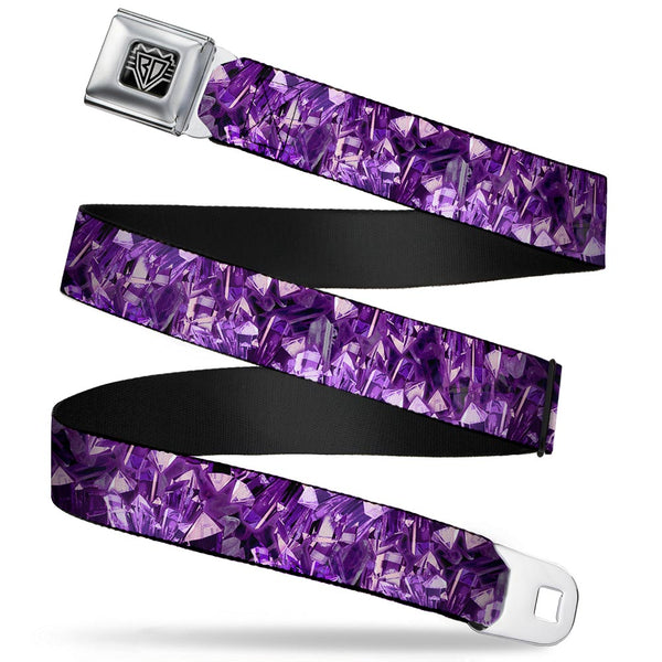 buckle down BD Wings Logo CLOSE-UP Full Color Black Silver Seatbelt Belt - Crystals Purples Webbing