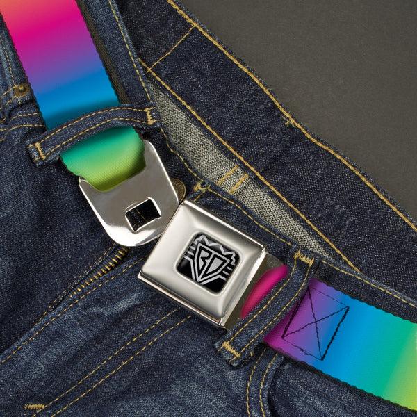 Buckle Down BD Wings Logo CLOSE-UP Full Color Black Silver Seatbelt Belt - Rainbow Ombre Webbing