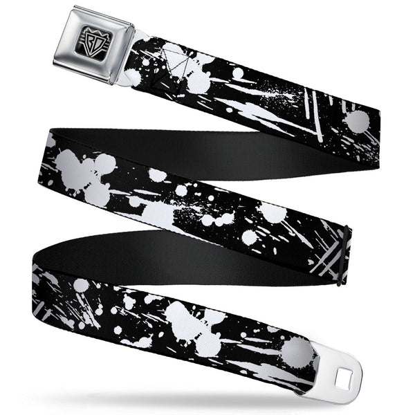 buckle down BD Wings Logo CLOSE-UP Full Color Black Silver Seatbelt Belt - Splatter Black/White Webbing