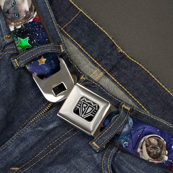 Buckle Down BD Wings Logo CLOSE-UP Full Color Black Silver Seatbelt Belt - Astronaut Cats In Space/Rainbows/Stars Webbing