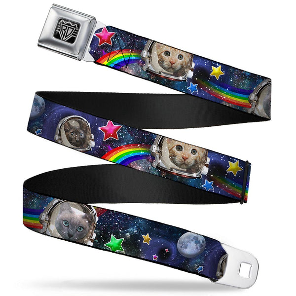 buckle down BD Wings Logo CLOSE-UP Full Color Black Silver Seatbelt Belt - Astronaut Cats in Space/Rainbows/Stars Webbing