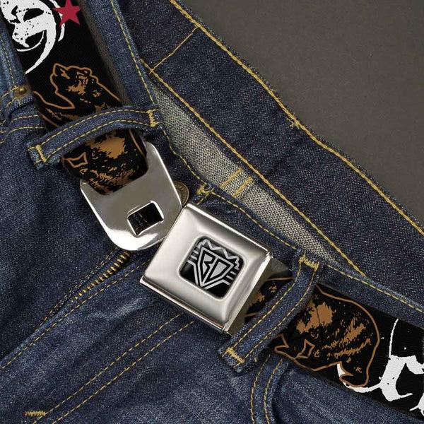 Buckle Down BD Wings Logo CLOSE-UP Full Color Black Silver Seatbelt Belt - CALI W/Grizzly Bear Webbing