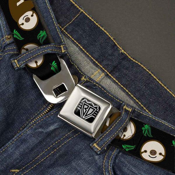 Buckle Down BD Wings Logo CLOSE-UP Full Color Black Silver Seatbelt Belt - Sloth Face/Hanging Black Webbing