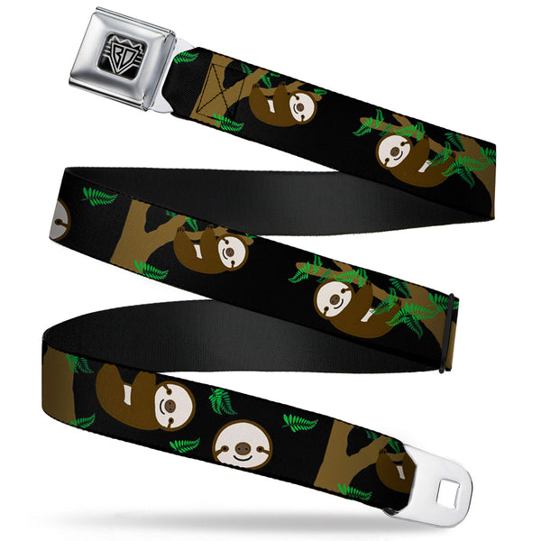 buckle down BD Wings Logo CLOSE-UP Full Color Black Silver Seatbelt Belt - Sloth Face/Hanging Black Webbing