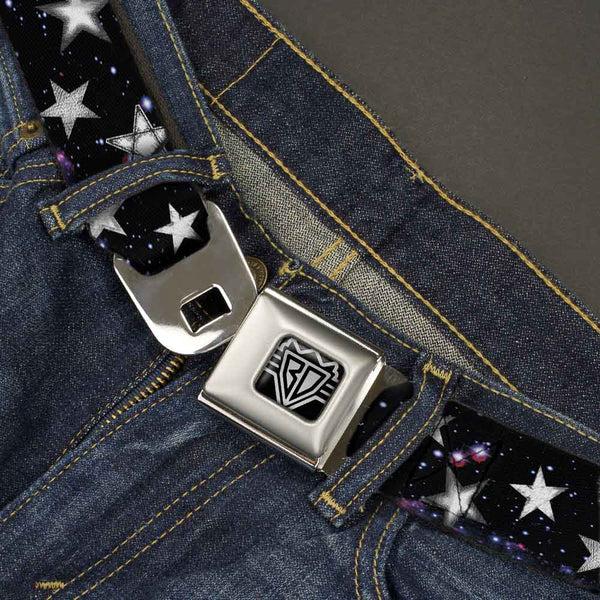 Buckle Down BD Wings Logo CLOSE-UP Full Color Black Silver Seatbelt Belt - Glowing Stars In Space Black/Purple/White Webbing