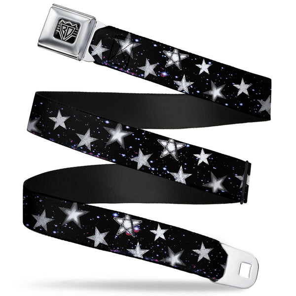 buckle down BD Wings Logo CLOSE-UP Full Color Black Silver Seatbelt Belt - Glowing Stars in Space Black/Purple/White Webbing
