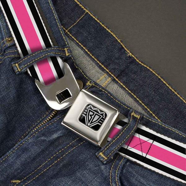 Buckle Down BD Wings Logo CLOSE-UP Full Color Black Silver Seatbelt Belt - Stripes White/Black/White/Pink Webbing
