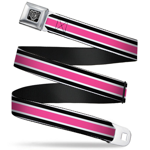 buckle down BD Wings Logo CLOSE-UP Full Color Black Silver Seatbelt Belt - Stripes White/Black/White/Pink Webbing