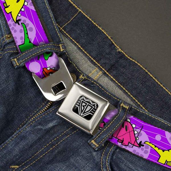 Buckle Down BD Wings Logo CLOSE-UP Full Color Black Silver Seatbelt Belt - Dinosaur Cartoon Webbing