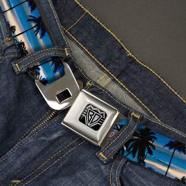 Buckle Down BD Wings Logo CLOSE-UP Full Color Black Silver Seatbelt Belt - Blue Sunset Webbing