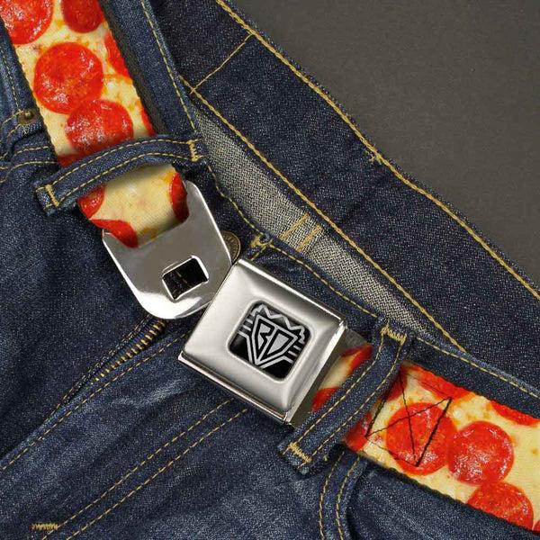 Buckle Down BD Wings Logo CLOSE-UP Full Color Black Silver Seatbelt Belt - Pepperoni Pizza Vivid Webbing