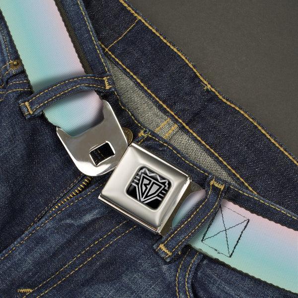 Buckle Down BD Wings Logo CLOSE-UP Full Color Black Silver Seatbelt Belt - Ombre Pink/Blue-Green Webbing