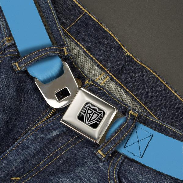 Buckle Down BD Wings Logo CLOSE-UP Full Color Black Silver Seatbelt Belt - Neon Blue Webbing