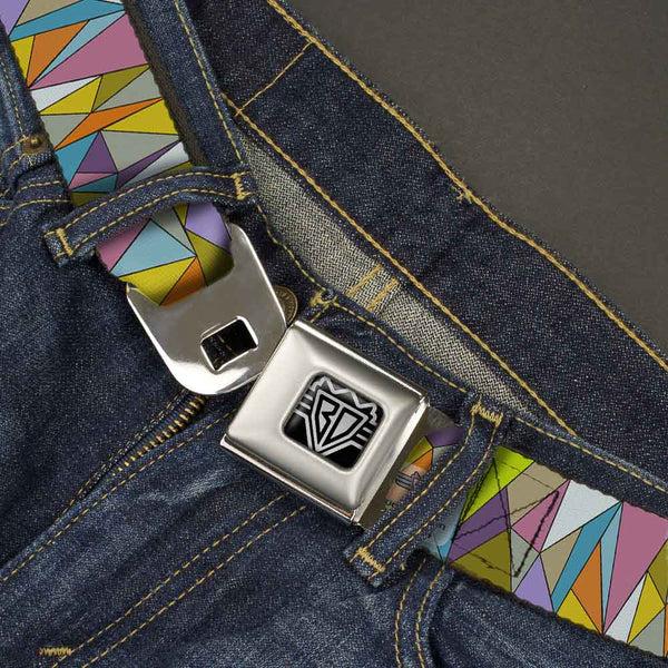 Buckle Down BD Wings Logo CLOSE-UP Full Color Black Silver Seatbelt Belt - Stained Glass Mosaic Multi Color Webbing