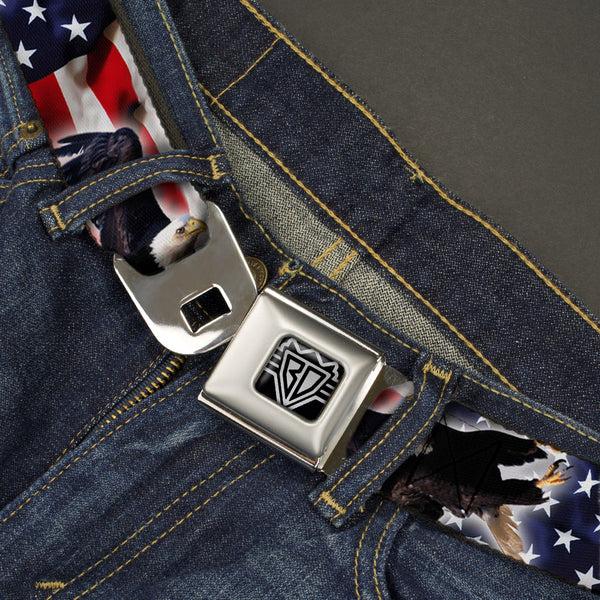 Buckle Down BD Wings Logo CLOSE-UP Full Color Black Silver Seatbelt Belt - Flying Eagle/American Flag Webbing