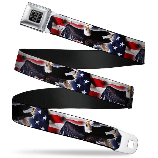 buckle down BD Wings Logo CLOSE-UP Full Color Black Silver Seatbelt Belt - Flying Eagle/American Flag Webbing