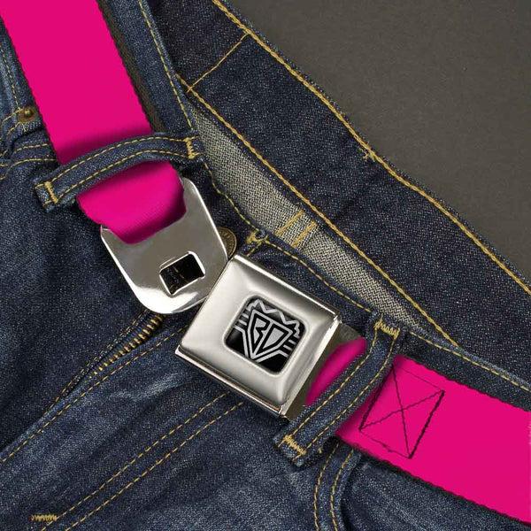 Buckle Down BD Wings Logo CLOSE-UP Full Color Black Silver Seatbelt Belt - Neon Pink Print Webbing
