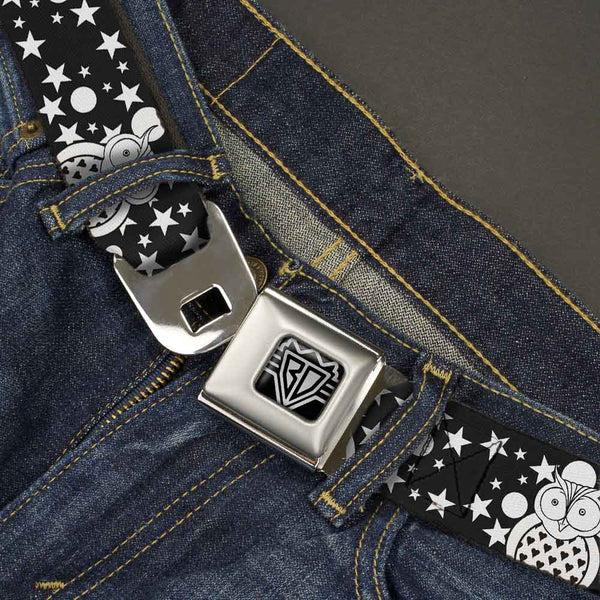Buckle Down BD Wings Logo CLOSE-UP Full Color Black Silver Seatbelt Belt - Owls Black/White3 Webbing