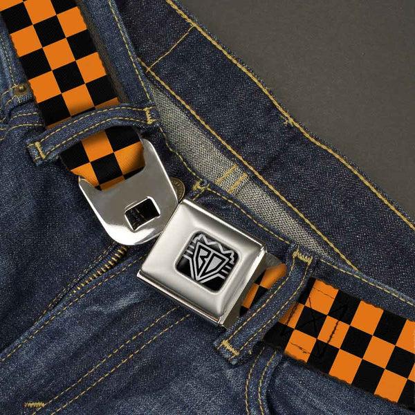 Buckle Down BD Wings Logo CLOSE-UP Full Color Black Silver Seatbelt Belt - Checker Black/Neon Orange Webbing