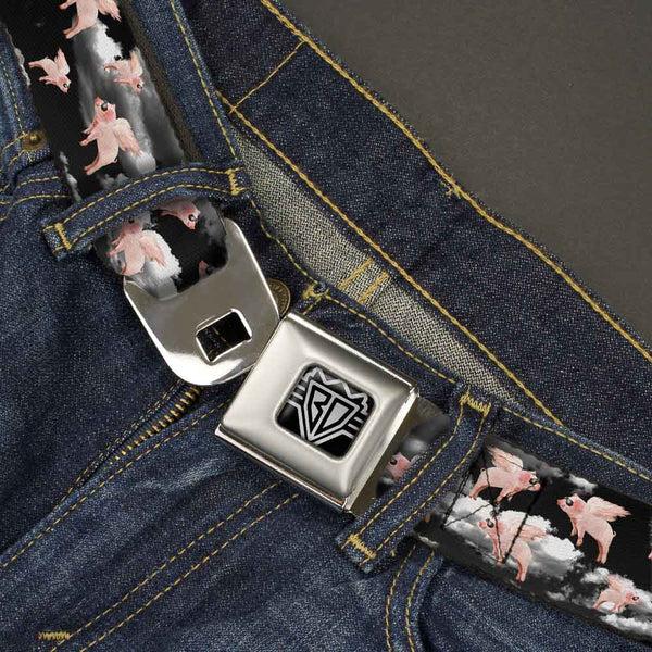 Buckle Down BD Wings Logo CLOSE-UP Full Color Black Silver Seatbelt Belt - Flying Pigs Black/White/Pink Webbing