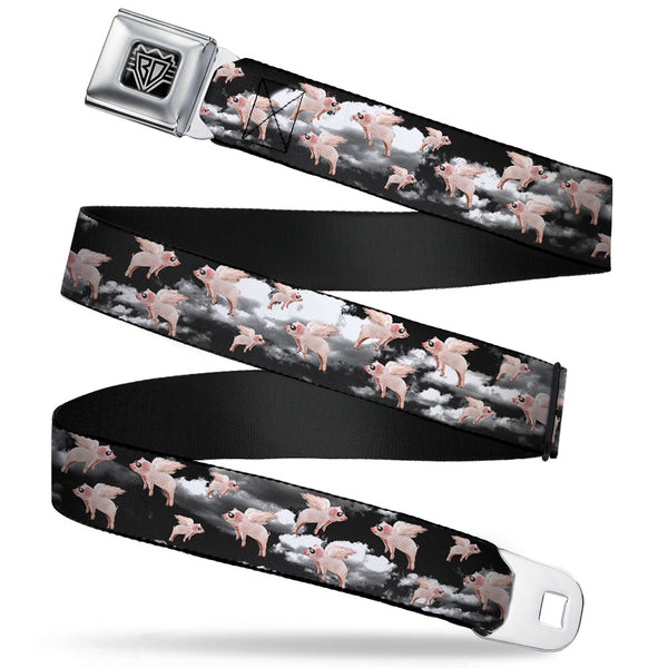 buckle down BD Wings Logo CLOSE-UP Full Color Black Silver Seatbelt Belt - Flying Pigs Black/White/Pink Webbing