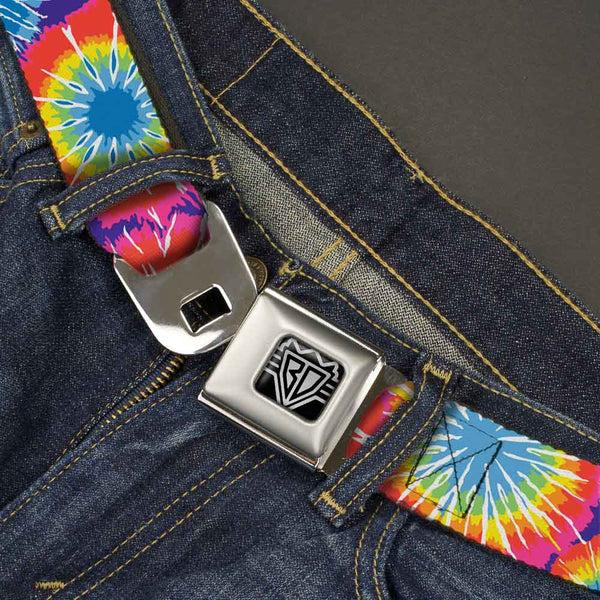 Buckle Down BD Wings Logo CLOSE-UP Full Color Black Silver Seatbelt Belt - 70's Tie Dye Webbing