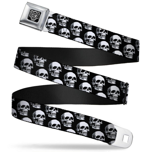 buckle down BD Wings Logo CLOSE-UP Full Color Black Silver Seatbelt Belt - 3-D Skulls Repeat Black/Grays/White Webbing