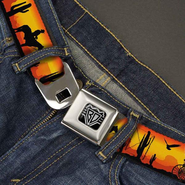 Buckle Down BD Wings Logo CLOSE-UP Full Color Black Silver Seatbelt Belt - Cowboy Silhouette/Western Landscape Reds/Black Webbing