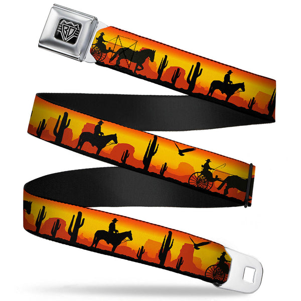 buckle down BD Wings Logo CLOSE-UP Full Color Black Silver Seatbelt Belt - Cowboy Silhouette/Western Landscape Reds/Black Webbing
