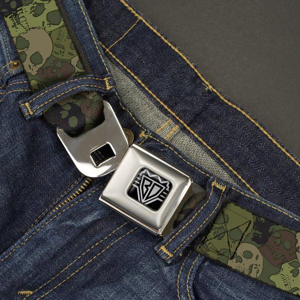 Buckle Down BD Wings Logo CLOSE-UP Full Color Black Silver Seatbelt Belt - Camo Olive Skull Yard Webbing