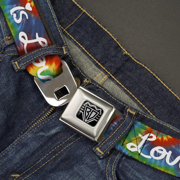 Buckle Down BD Wings Logo CLOSE-UP Full Color Black Silver Seatbelt Belt - LOVE IS LOVE BD Tie Dye/White Webbing