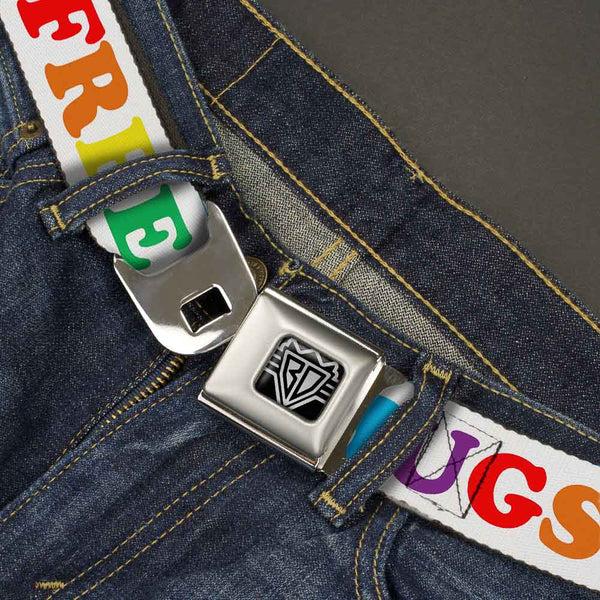 Buckle Down BD Wings Logo CLOSE-UP Full Color Black Silver Seatbelt Belt - FREE HUGS White/Multi Color Webbing