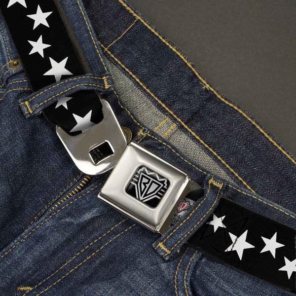 Buckle Down BD Wings Logo CLOSE-UP Full Color Black Silver Seatbelt Belt - Multi Stars Black/White Webbing