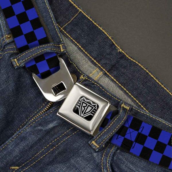 Buckle Down BD Wings Logo CLOSE-UP Full Color Black Silver Seatbelt Belt - Checker Black/Neon Blue Webbing