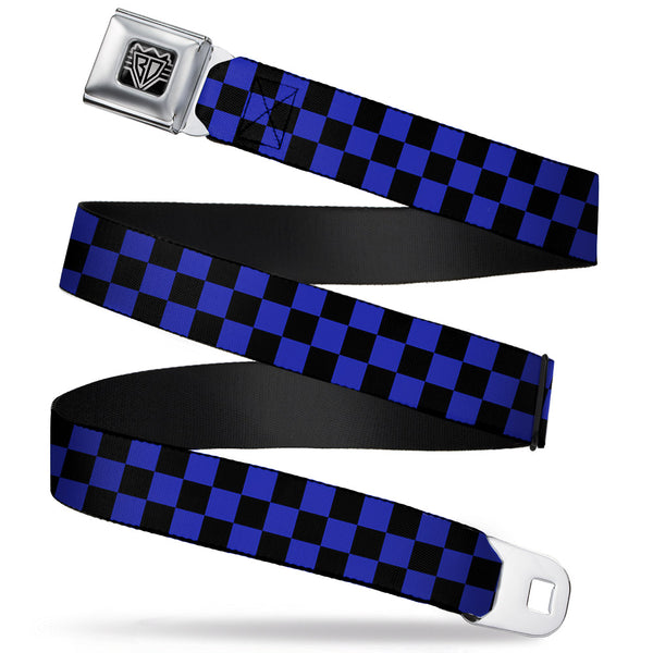 buckle down BD Wings Logo CLOSE-UP Full Color Black Silver Seatbelt Belt - Checker Black/Neon Blue Webbing