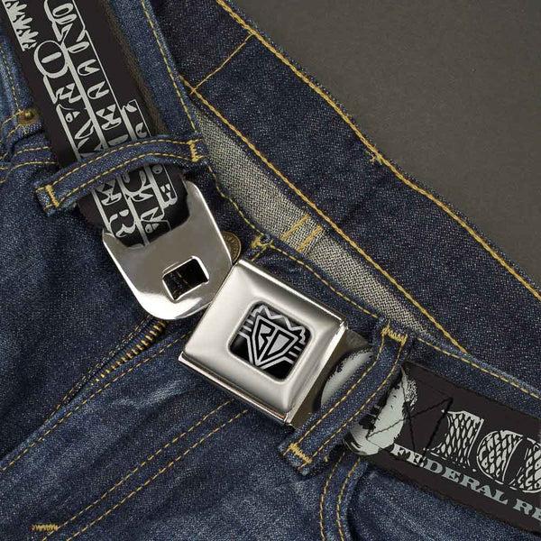 Buckle Down BD Wings Logo CLOSE-UP Full Color Black Silver Seatbelt Belt - Americana One Hundred Dollar Bill Elements Black/Gray Webbing