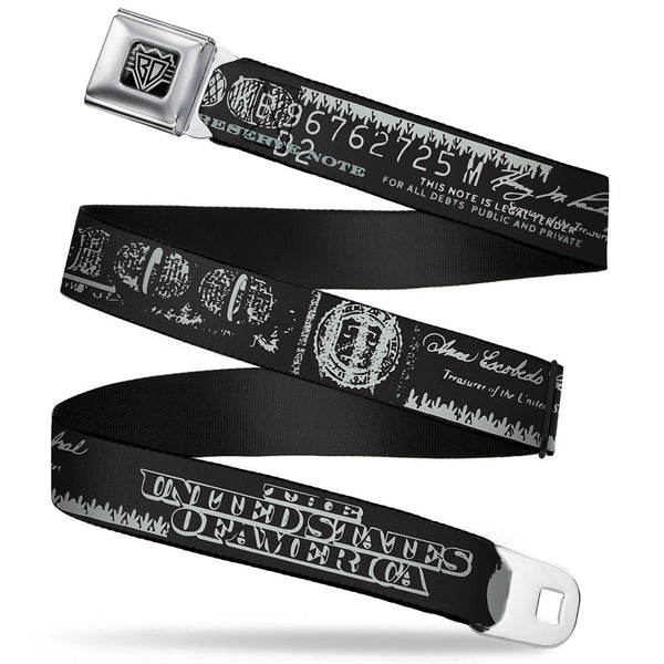buckle down BD Wings Logo CLOSE-UP Full Color Black Silver Seatbelt Belt - Americana One Hundred Dollar Bill Elements Black/Gray Webbing
