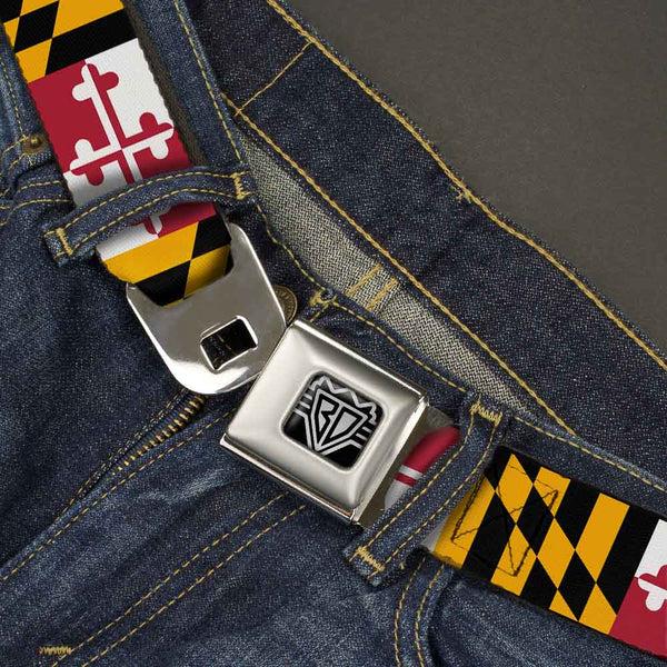 Buckle Down BD Wings Logo CLOSE-UP Full Color Black Silver Seatbelt Belt - Maryland Flags Webbing