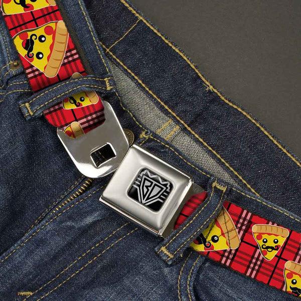 Buckle Down BD Wings Logo CLOSE-UP Full Color Black Silver Seatbelt Belt - Pizza Man Plaid Red Webbing