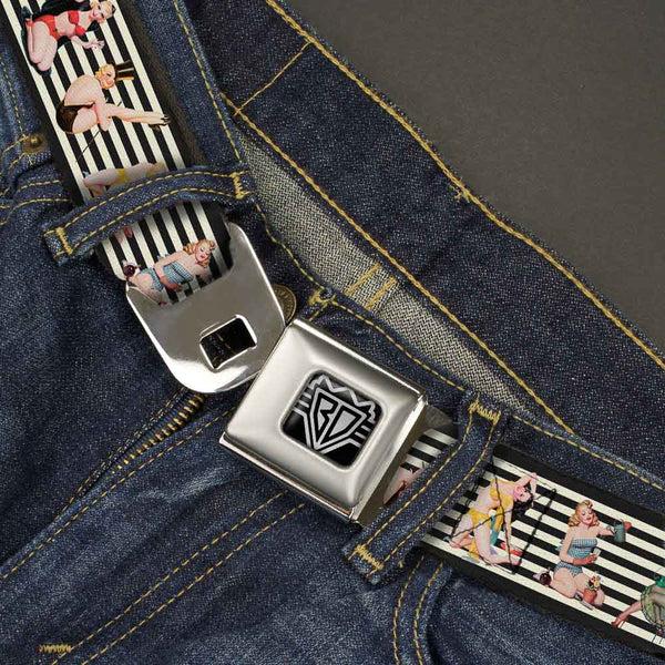 Buckle Down BD Wings Logo CLOSE-UP Full Color Black Silver Seatbelt Belt - Pin Up Girl Poses Stripe Black/White Webbing