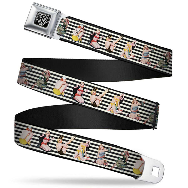buckle down BD Wings Logo CLOSE-UP Full Color Black Silver Seatbelt Belt - Pin Up Girl Poses Stripe Black/White Webbing