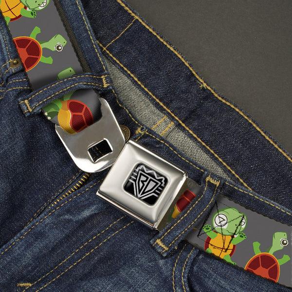 Buckle Down BD Wings Logo CLOSE-UP Full Color Black Silver Seatbelt Belt - Turtle Cartoon Poses Gray Webbing