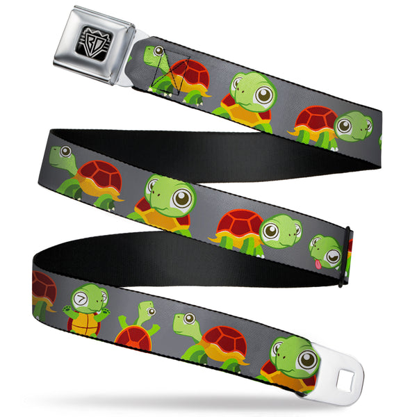 buckle down BD Wings Logo CLOSE-UP Full Color Black Silver Seatbelt Belt - Turtle Cartoon Poses Gray Webbing