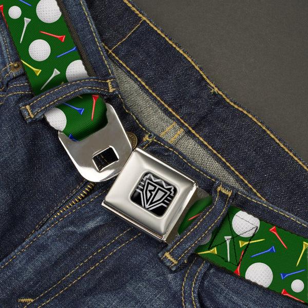Buckle Down BD Wings Logo CLOSE-UP Full Color Black Silver Seatbelt Belt - Golf Balls/Tees Scattered Green/Multi Color Webbing
