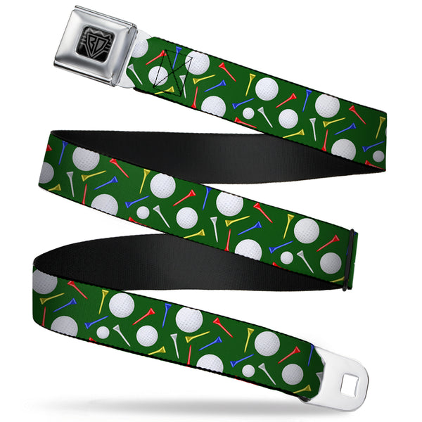 buckle down BD Wings Logo CLOSE-UP Full Color Black Silver Seatbelt Belt - Golf Balls/Tees Scattered Green/Multi Color Webbing