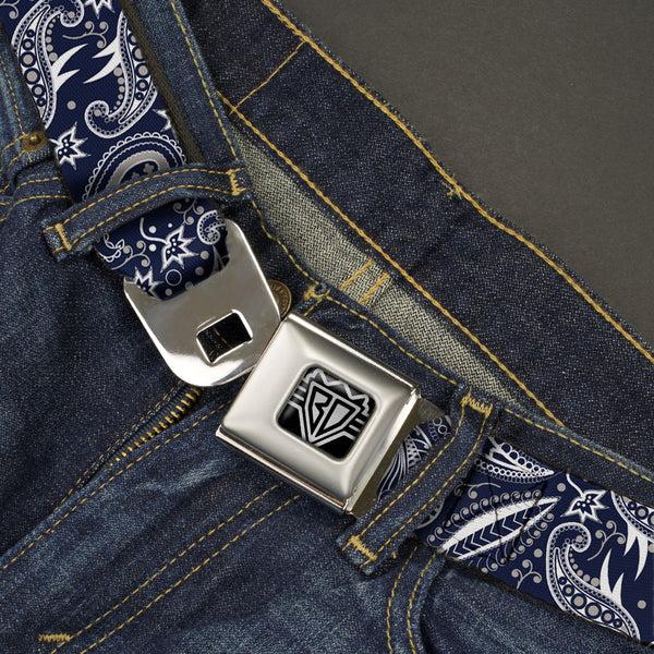 Buckle Down BD Wings Logo CLOSE-UP Full Color Black Silver Seatbelt Belt - Floral Paisley3 Blue/White/Gray Webbing