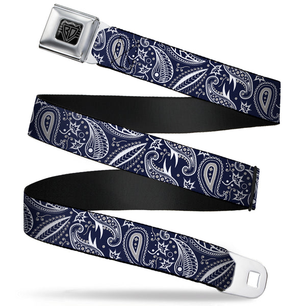 buckle down BD Wings Logo CLOSE-UP Full Color Black Silver Seatbelt Belt - Floral Paisley3 Blue/White/Gray Webbing